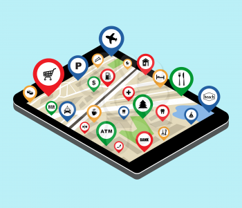 Map with the specified destination point on the tablet screen. City navigation app. Vector illustration