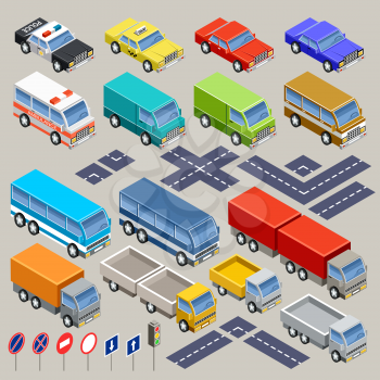 Image isometric vector car set with road