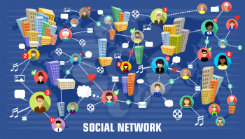 Social network concept. Flat style. Infographic design. Communication systems and technologies.
Vector illustration
