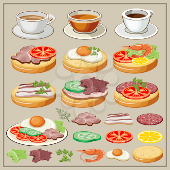 Set of breakfasts - fried eggs, sandwiches, tea, coffee. Components of breakfasts. Elements. Snack. Vector illustration