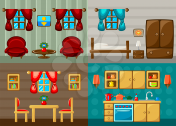 Four vector rooms - bedroom, drawing room, dining room and kitchen. Vector illustration