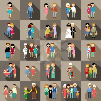 The big set of family life in style flat design. Parents, children, grandmothers and grandfathers. Vector illustration