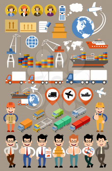 Freight transportation and delivery logistics flat set. Transport delivery services. Vector illustration