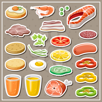 Set of grocery stickers. Vegetables, snack, drinks. Vector illustration