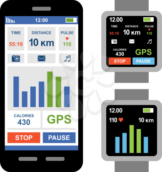 Fitness tracker app for smartwatch and smartphone. Vector

