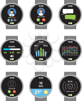 Circle smartwatch. Applications on the screen. Vector