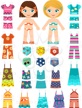 Paper doll with a set of summer clothes. Vector