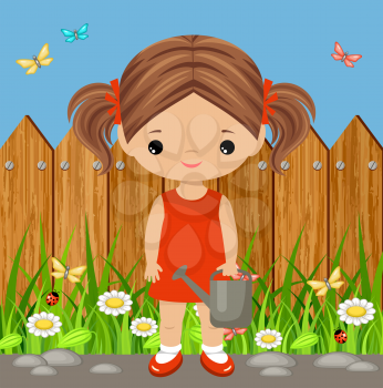 Cute girl with a watering can. Gardening. Vector illustration