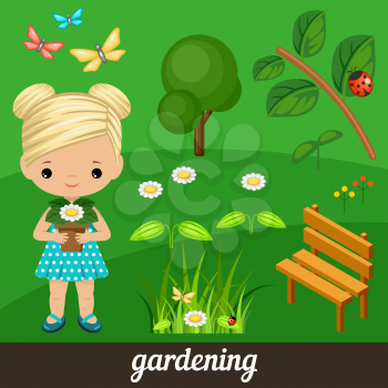 Cute vector girl holding flower in garden. Vector illustration