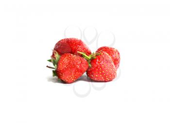 Four of red fresh strawberries with green tails with reflection and shades isolated on a white background 