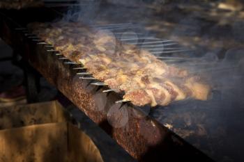 Appetizing fresh meat shish kebab (shashlik) prepared on a grill wood coal, outdor 