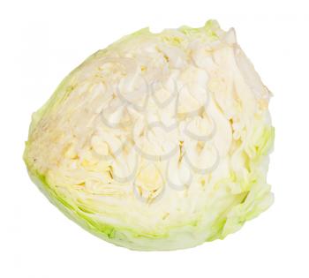 Single sliced Brussel Sprout from low perspective isolated against white. 