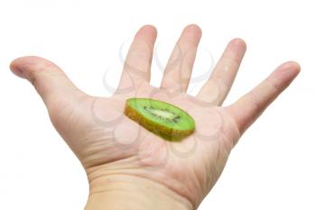kiwi  in a hand on a white background