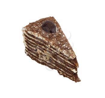 Piece of chocolate cake filled with cream isolated 