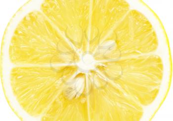 Single cross section of lemon. Isolated on white background. Close-up. Studio photography. 
