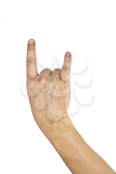 A man's hand giving the Rock and Roll sign. 