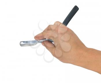 hand holding classic straight razor on white background 
