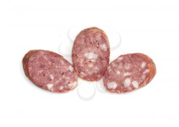 Three pieces of the sausage on white background 