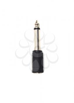Guitar audio jack with black cable isolated on white background 
