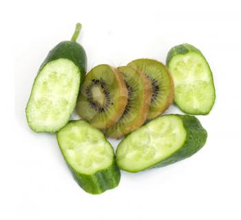 sliced ​​cucumber with kiwi fruit on white background