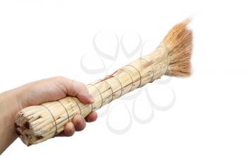 broom in hand on white background