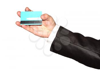 Businessman's hand holding blue credit cards 03. Isolated on white background 