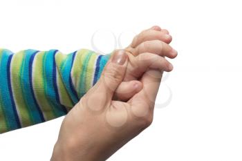 hands of the child and mother on a white background