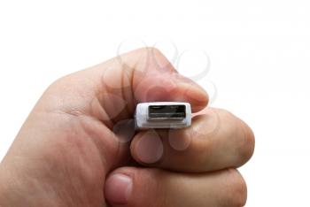 USB flash drive in hand on white background