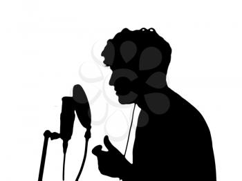 man in headphones singing into a microphone on a white background