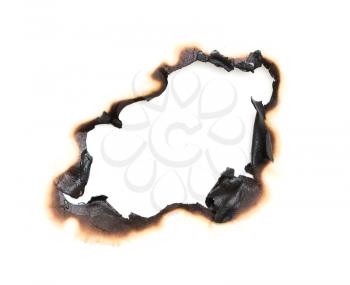 burned hole on a white paper background