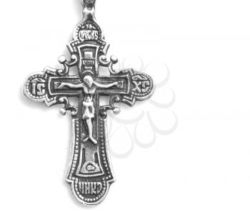 Orthodox silver cross on a white background