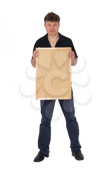 a man with a wooden sign on a white background