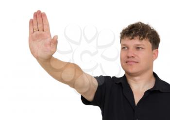 man showing stop hand on a white background