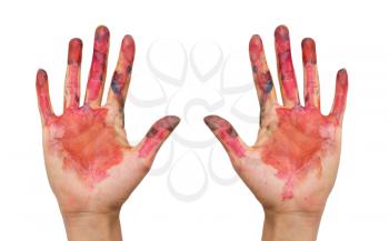 Child hands painted with watercolors, on white background
