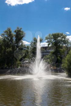 Komsomolsk pond with Fountains in sunny day, Lipetsk, Russia