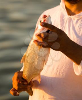 fisherman with a fish in the sunset .