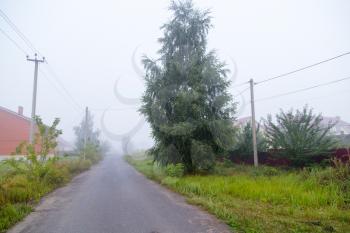 the road in the village in the fog in the morning .
