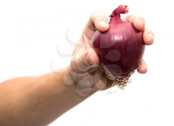 red onions in a hand on a white background
