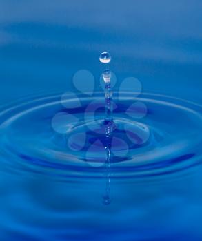 a drop of water falling in blue water