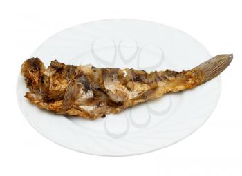fried fish on a plate on white background