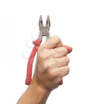 pliers in hand on white background