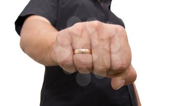 man showing his fist on a white background