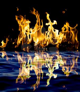 fire with reflection on water