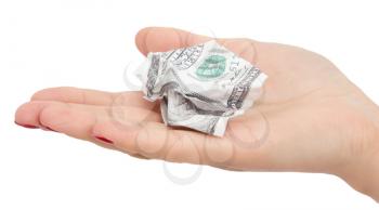 100 dollars crumpled in his hand on a white background