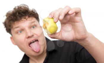 a man eating an apple on a white background