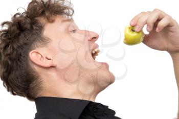 a man eating an apple on a white background
