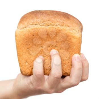 Fresh bread in his hand on a white background
