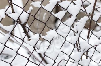 Snow on fence in winter