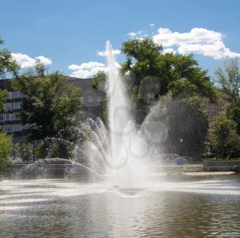 Komsomolsk pond with Fountains in sunny day, Lipetsk, Russia