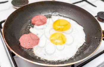 eggs and sausage on frying pan